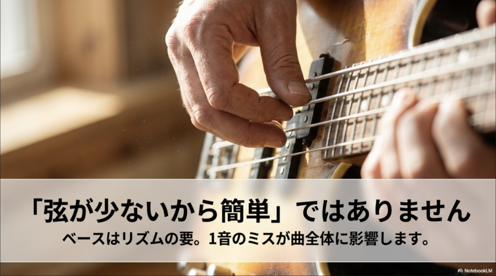 ベースを指で弾く写真と、「弦が少ないから簡単ではありません」「ベースはリズムの要で1音のミスが曲全体に影響します」と示したスライド