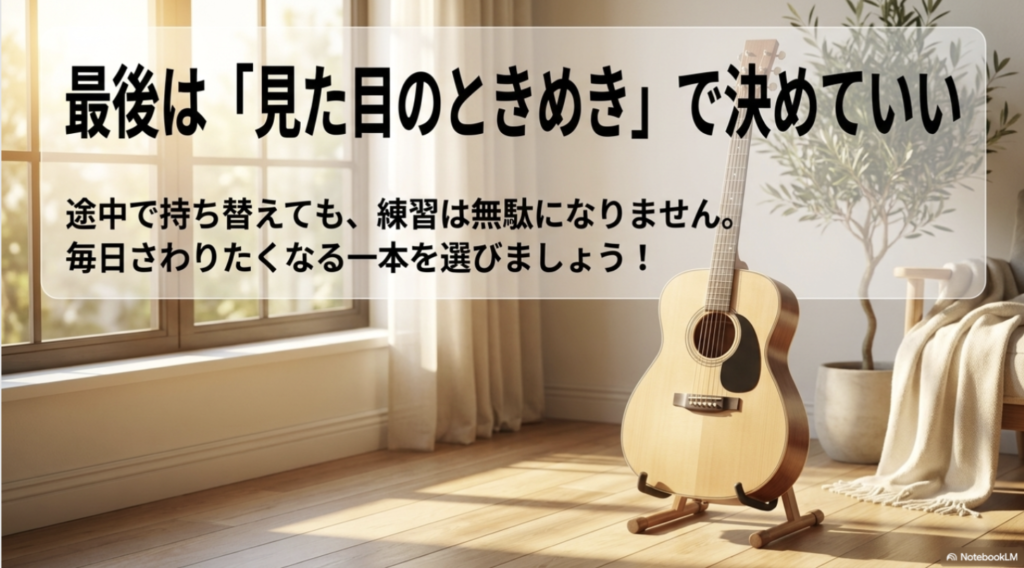 明るい部屋に置かれたアコースティックギターと、最初のギターは見た目のときめきで選んでもよいと伝えるまとめ画像