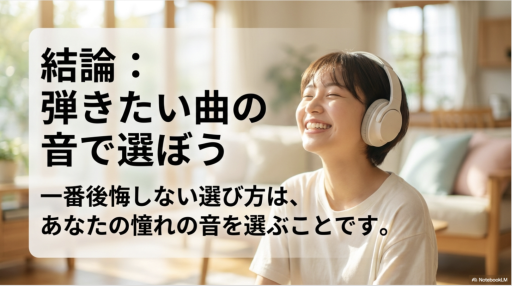 ヘッドホンで音楽を聴く人物と、弾きたい曲の音でギターを選ぶことが後悔しにくい選び方だと示したスライド