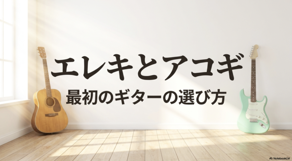 部屋にアコースティックギターとミントグリーンのエレキギターを並べ、最初のギターの選び方を示したタイトル画像