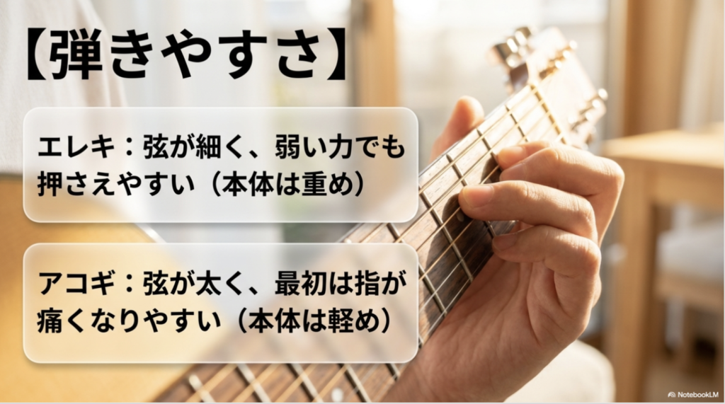 ギターの弦を押さえる手元と、エレキギターは弦が細く押さえやすく、アコースティックギターは弦が太く指が痛くなりやすいことを比較した画像