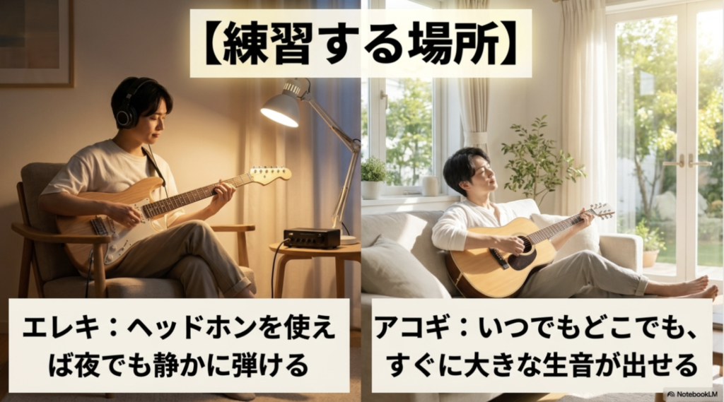 ヘッドホンでエレキギターを練習する人物と、生音でアコースティックギターを弾く人物を並べ、自宅練習時の音量の違いを比較した画像