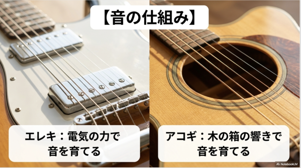 エレキギターのピックアップ部分とアコースティックギターのサウンドホールを並べ、電気信号とボディの響きによる音の仕組みを比較した画像