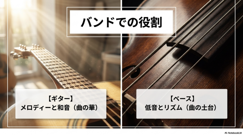 ギターはメロディーと和音で曲の華を作り、ベースは低音とリズムで曲の土台を支えると示したバンドでの役割比較スライド