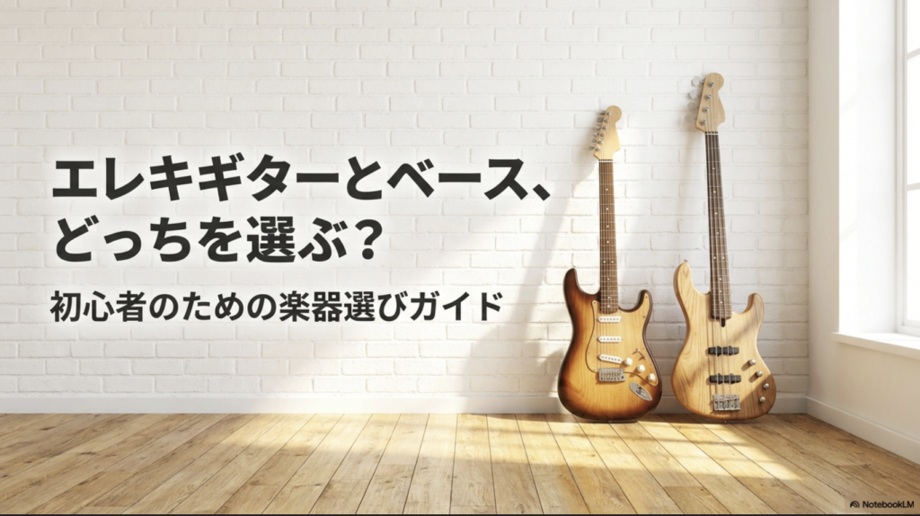 白いレンガ壁の前にエレキギターとベースを並べ、「エレキギターとベース、どっちを選ぶ?初心者のための楽器選びガイド」と表示したスライド