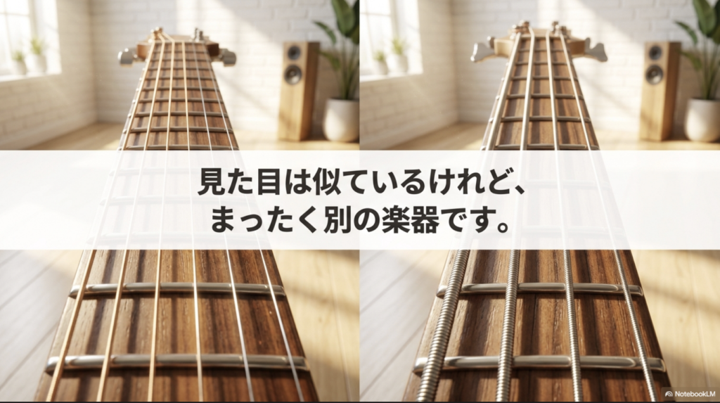 6弦エレキギターと4弦ベースの指板を左右に比較し、「見た目は似ているけれど、まったく別の楽器です」と示したスライド