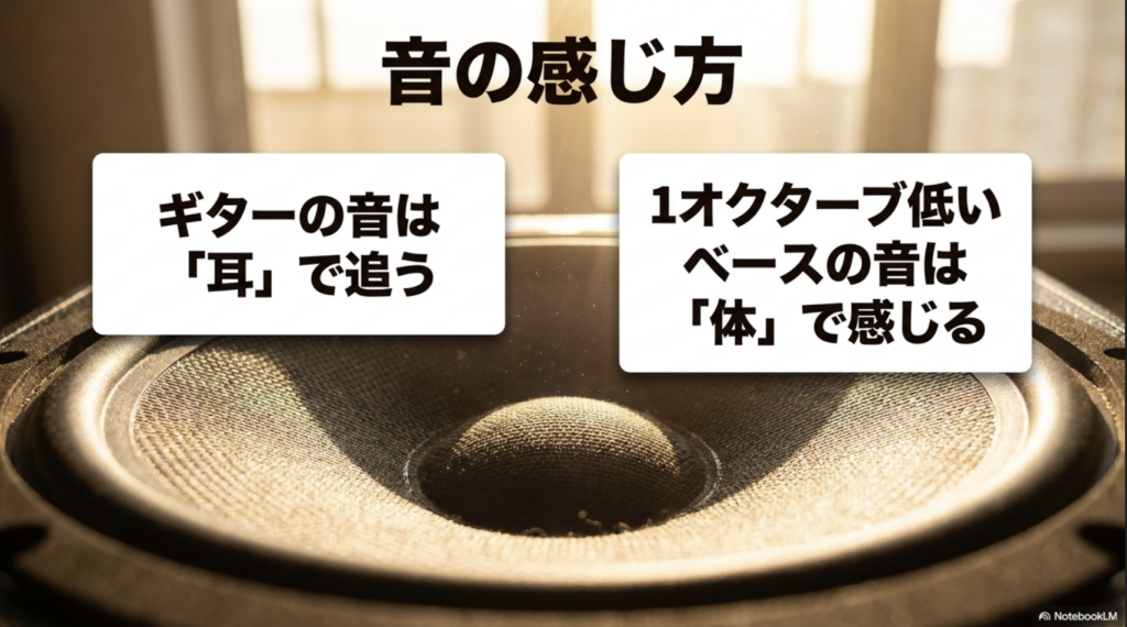 スピーカーの写真に、ギターの音は耳で追い、1オクターブ低いベースの音は体で感じると表示した音域と音の感じ方の比較スライド