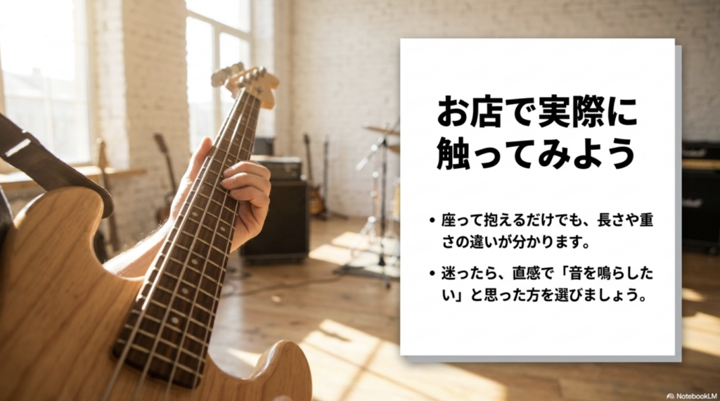 ベースを構える人物の写真と、楽器店で座って持つだけでも長さや重さの違いが分かり、迷ったら鳴らしたい方を選ぶよう勧めるスライド