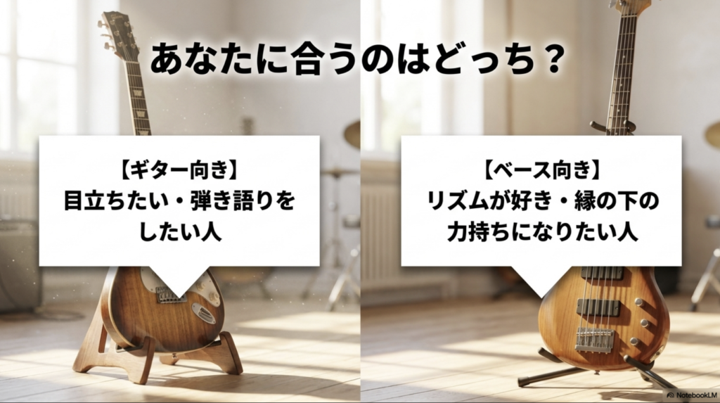 ギター向きは目立ちたい人や弾き語りをしたい人、ベース向きはリズムが好きで縁の下の力持ちになりたい人と示した比較スライド