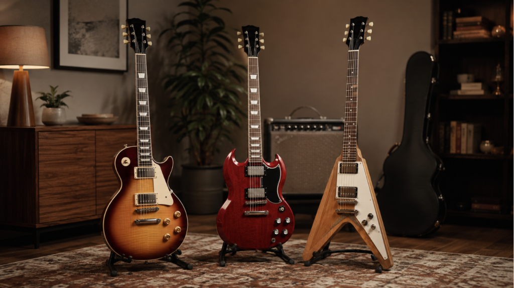 レスポール、SG、Flying Vタイプを並べたInspired by Gibsonをイメージしたエレキギター