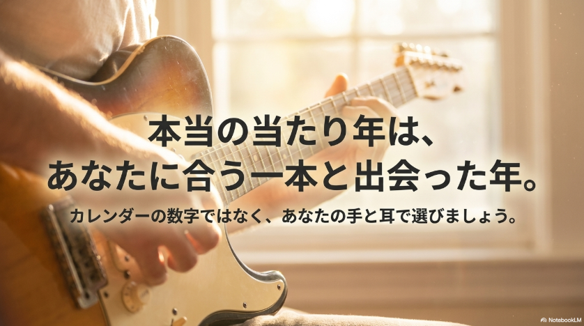 エレキギターを弾く人物を背景に、本当の当たり年は自分に合う一本と出会った年だと伝えるまとめスライド