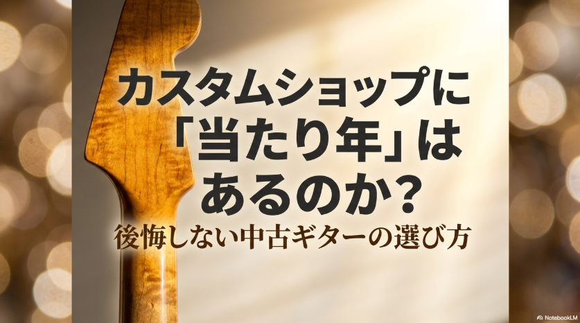 木目の美しいギターネックを背景に、カスタムショップに当たり年はあるのかと後悔しない中古ギターの選び方を示したスライド
