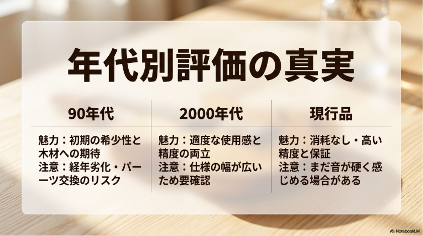フェンダーカスタショップの90年代、2000年代、現行品について、それぞれの魅力と中古購入時の注意点を比較した表
