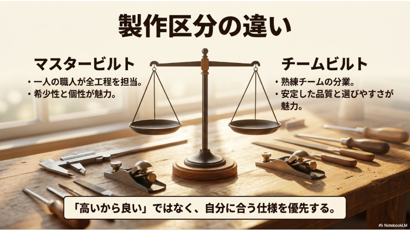 天秤を中央に配置し、一人の職人が全工程を担当するマスタービルトと熟練チームが分業するチームビルトを比較した図