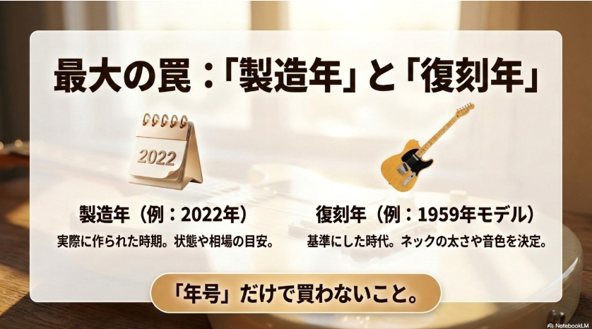 2022年という製造年と1959年モデルという復刻年の違いを、カレンダーとギターの図で説明したスライド