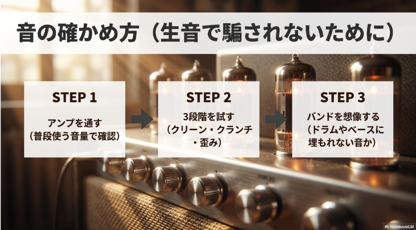 アンプを通す、クリーンとクランチと歪みを試す、バンドで音が埋もれないか確認するという3段階の試奏手順