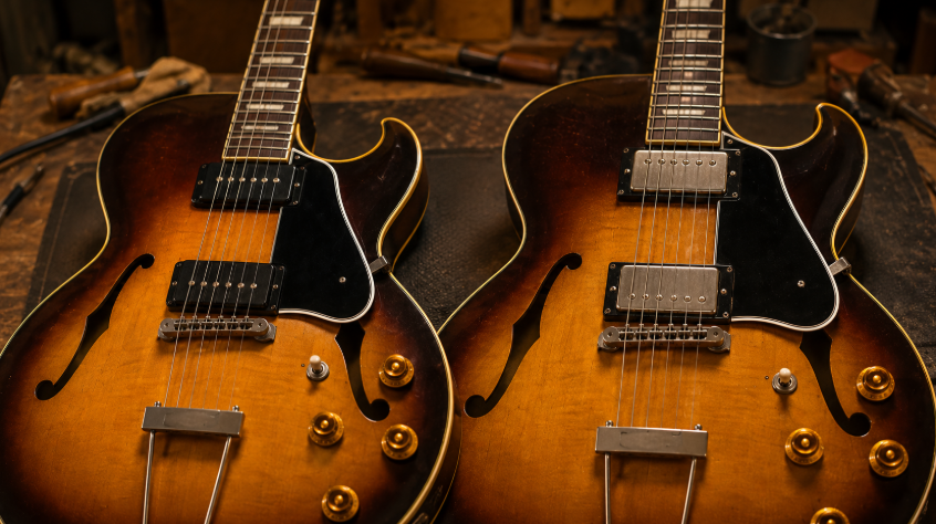 P-100風ピックアップ搭載機とハムバッカー搭載機の違いをイメージしたGibson ES-135系セミホロウギターの比較