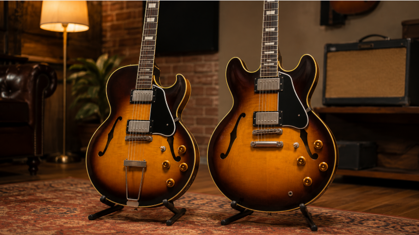 Gibson ES-135とES-335の外観の違いをイメージしたシングルカッタウェイとダブルカッタウェイのセミアコ比較