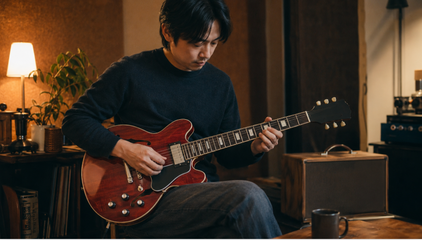 日本人ギタリストがギブソンES-339をイメージしたコンパクトなセミホロウギターを演奏する様子