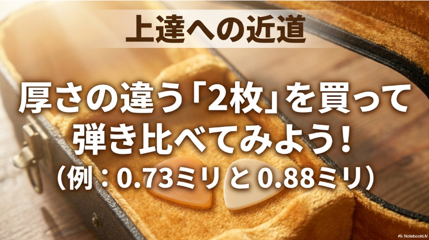 ギターケース内に置かれた厚さの異なる2枚のピックと0.73mm・0.88mmを弾き比べる方法を示すスライド
