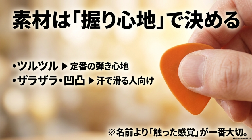 オレンジ色のピックを指で持ち、滑らかな表面とざらつきや凹凸のある表面の握り心地を説明するスライド