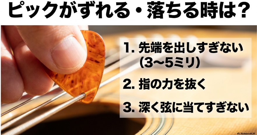 ピックの先端を3〜5mmにし、指の力を抜き、弦へ深く当てすぎない三つのずれ対策を示すスライド