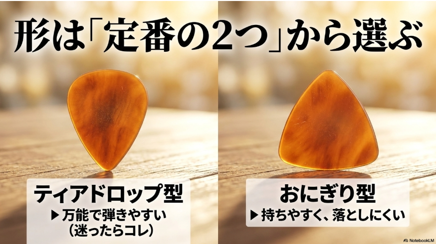 万能で弾きやすいティアドロップ型と持ちやすく落としにくいおにぎり型のピックを比較したスライド
