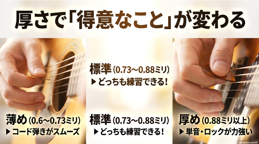 0.6〜0.73mmの薄め、0.73〜0.88mmの標準、0.88mm以上の厚めのピックを演奏用途別に比較したスライド