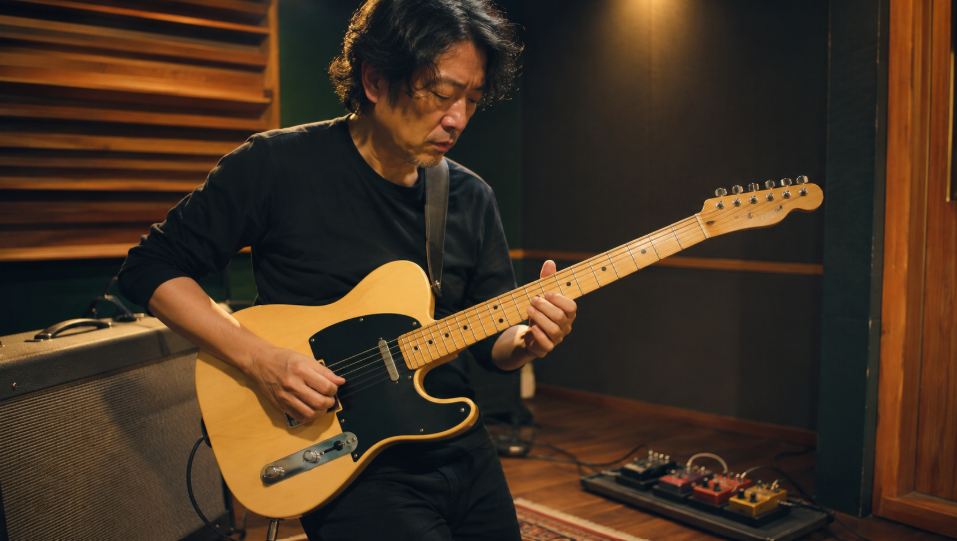 スタジオでブロンドカラーのエスクワイアタイプを演奏する日本人ギタリスト