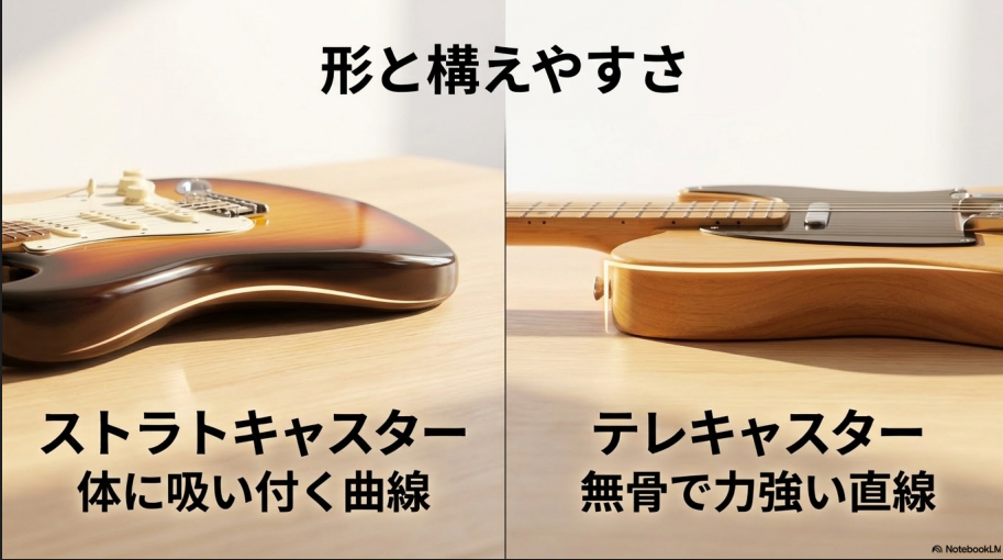 体に沿う曲線とコンター加工を持つストラトキャスターと、平面的で直線的なボディを持つテレキャスターの形状比較