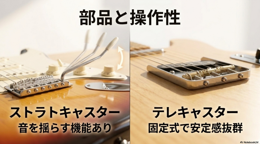 トレモロアームで音程を変えられるストラトキャスターと、固定式ブリッジで安定しやすいテレキャスターの構造比較