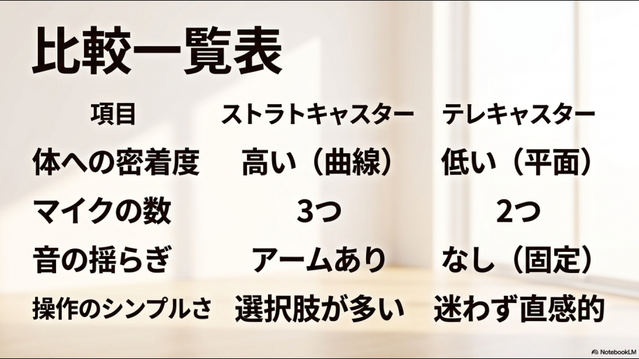 ストラトキャスターとテレキャスターの体へのフィット感、ピックアップ数、トレモロアーム、操作方法をまとめた比較一覧表
