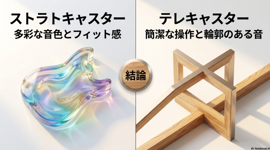 ストラトキャスターは多彩な音色と体へのフィット感、テレキャスターは簡潔な操作と輪郭のある音が特徴であることを比較した図