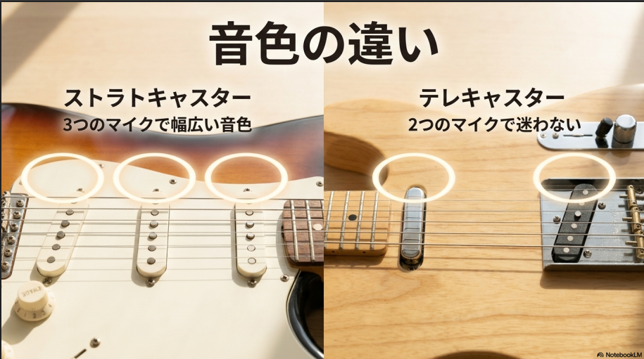 3基のピックアップで幅広い音色を選べるストラトキャスターと、2基のピックアップで音を選びやすいテレキャスターの比較