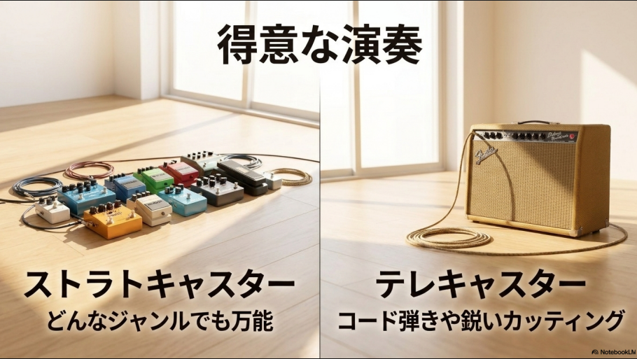 幅広いジャンルに対応しやすいストラトキャスターと、コード弾きや歯切れのよいカッティングに向くテレキャスターの比較