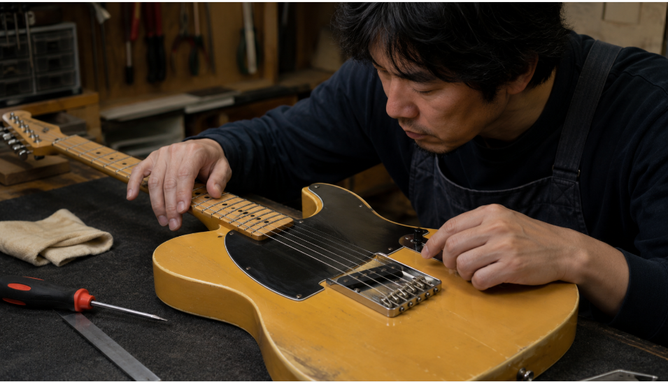 中古のエスクワイアタイプのネックやブリッジを工房で点検する日本人スタッフ