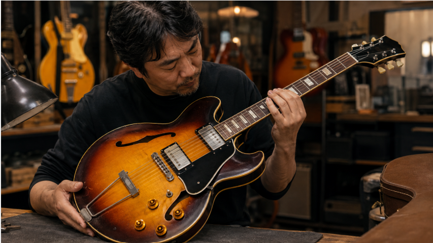 中古のGibson ES-135を確認する日本人男性がネックやボディの状態をチェックしているイメージ